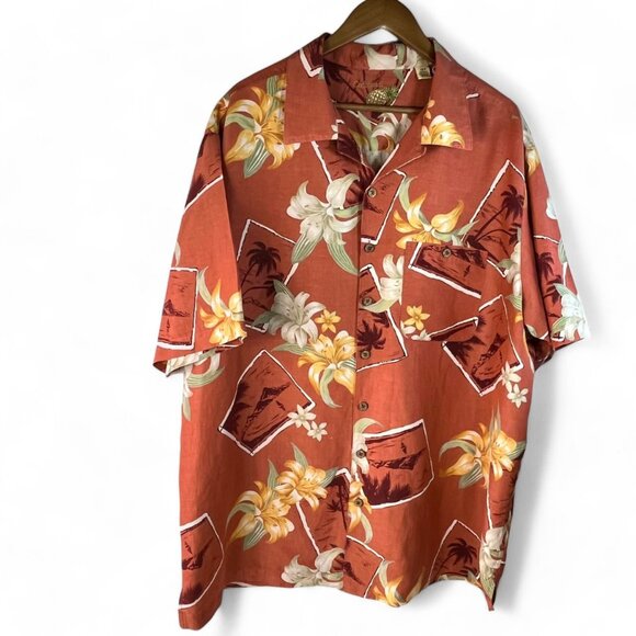 ISLAND REPUBLIC Men's Silk Hawaiian Shirt Button Up Flowers Palm Trees Size 2XT - Picture 1 of 9
